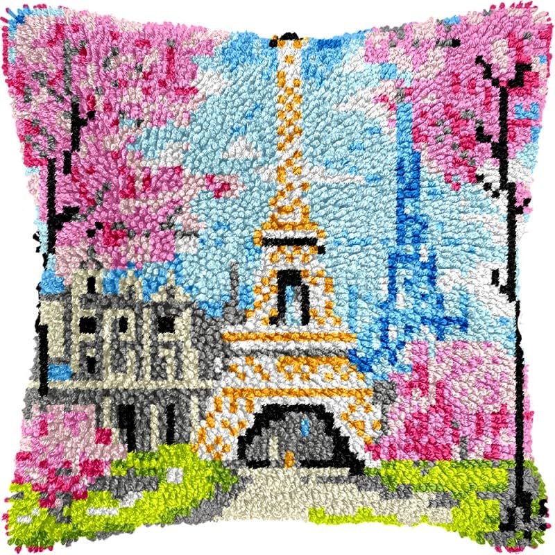 Blooming Eiffel Tower Latch Hook Pillows Kits Cushion Pillow Cover with Pattern Printed Canvas Sofa Hooking Pillowcase Crafts Embroidery Latch Hooking Crochet Kits Set 17x17 inch(1)