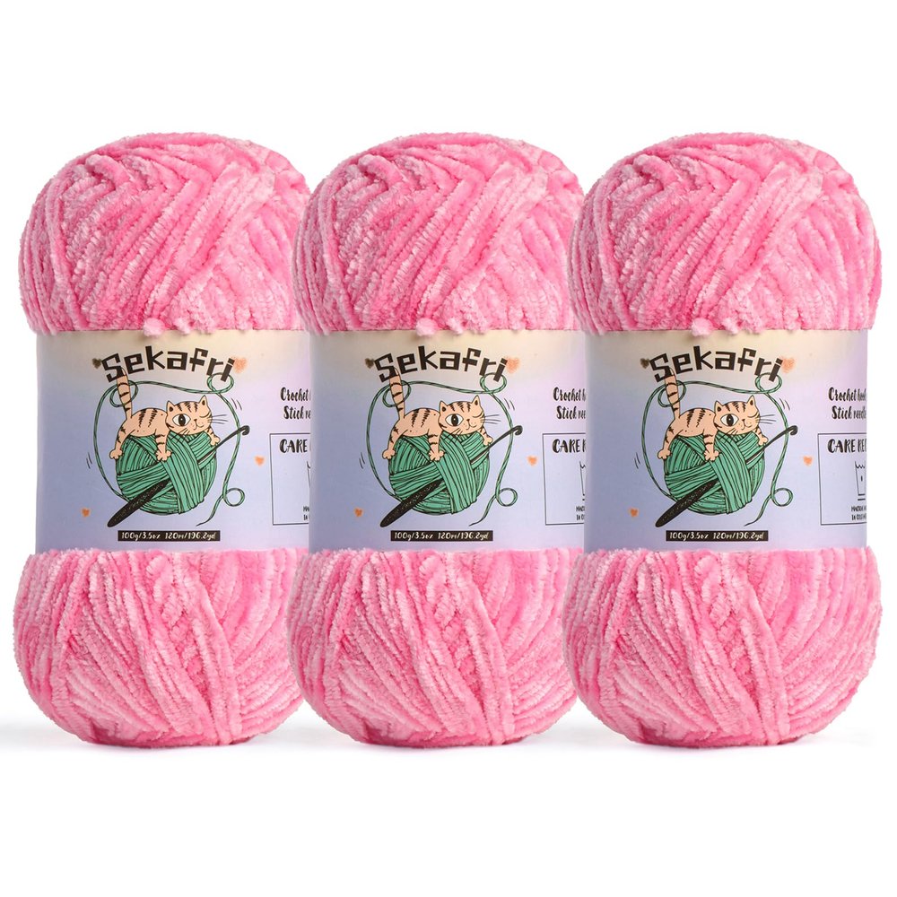 3 Pack of 300g (590yds) Fuzzy Chenille Yarn for Crocheting,Fluffy Amigurumi Crochet Yarn for DIY Craft/Hat/Clothes, Soft Velvet Baby Blanket Yarn3 Rose