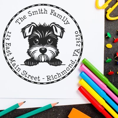 Customized Miniature Schnauzer Rubber Stamp - Personalized 1-5/8 Round, Wood Handle Stamper - Ideal for Home Use - Unique Miniature Schnauzer Peeking Puppy Design - Gift for Dog Lovers