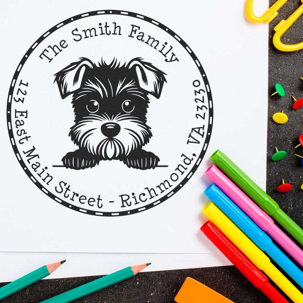 Customized Miniature Schnauzer Rubber Stamp - Personalized 1-5/8 Round, Wood Handle Stamper - Ideal for Home Use - Unique Miniature Schnauzer Peeking Puppy Design - Gift for Dog Lovers