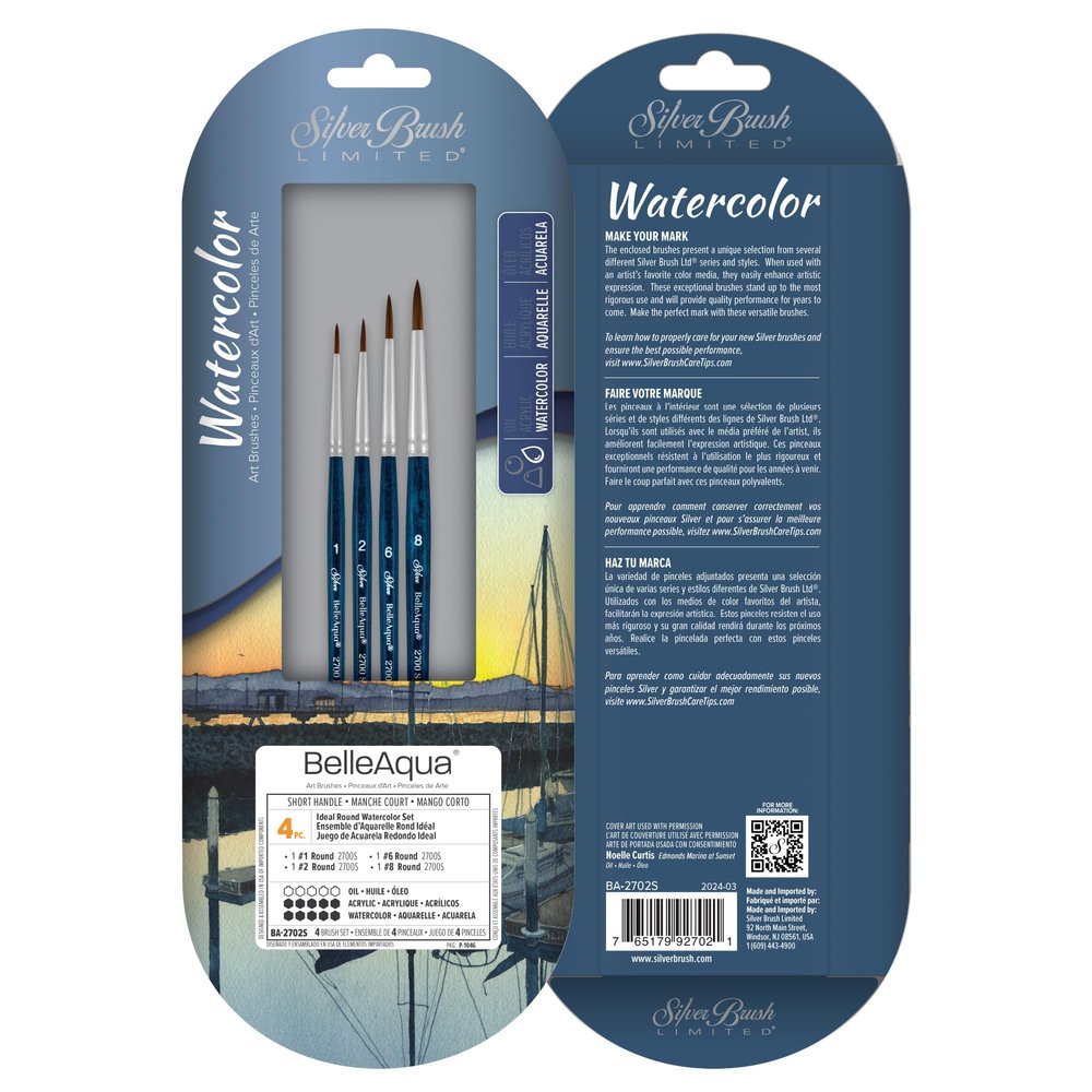 Silver Brush Limited BA-2702S BelleAqua Ideal Watercolor Brush Set, 4pc Professional Premium Soft Synthetic Sable Round Paint Brushes, Sizes 1, 2, 6, and 8