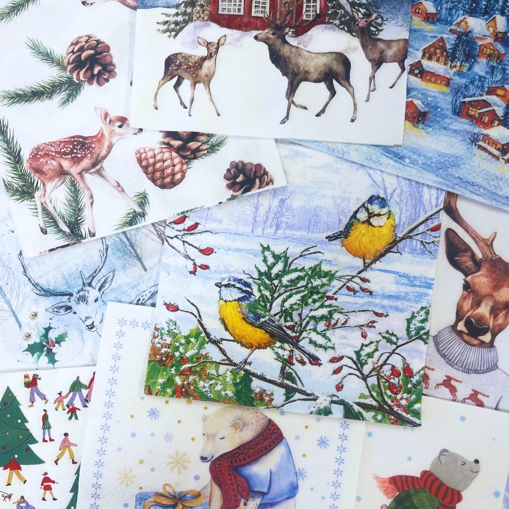 Keep Unique Mystery Pack Decoupage Paper Napkins, 20-ct Assorted Surprise Napkins, Decorative Napkins for Art Craft Junk Journal, Scrapbooking, 20 Different Winter Designs