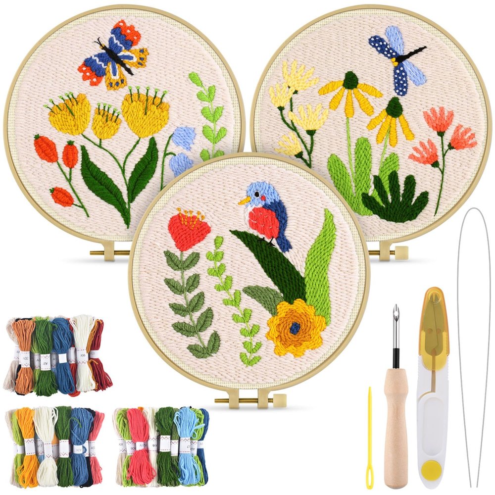 TINDTOP 3 Sets Punch Needle Kits, Flowers Punch Embroidery Kits for Adults Beginner, Tool with Punch Needle Fabric, Hoops, Yarns and Sewing Needles