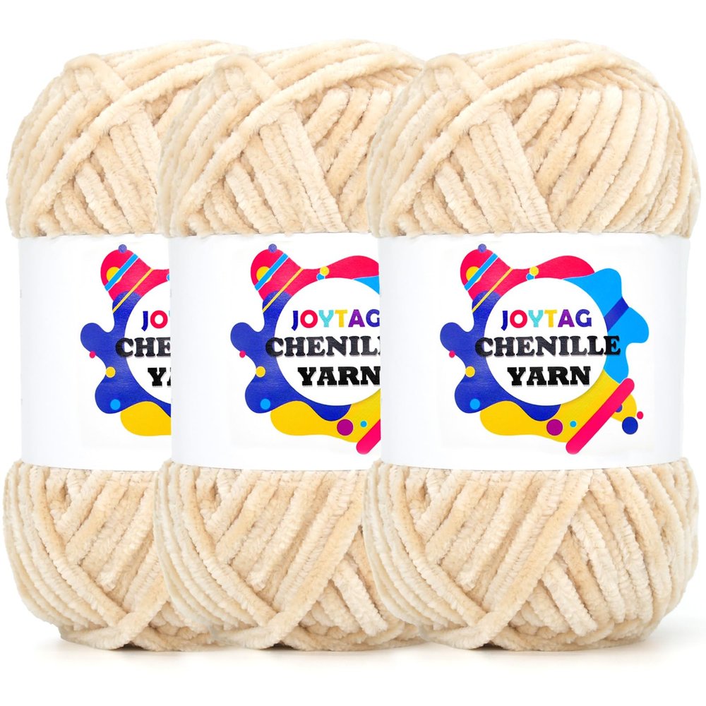 Velvet Chenille Yarn for Crocheting & Knitting - Soft, Thick, Bulky, Chunky Beige Yarn - 3 * 100g