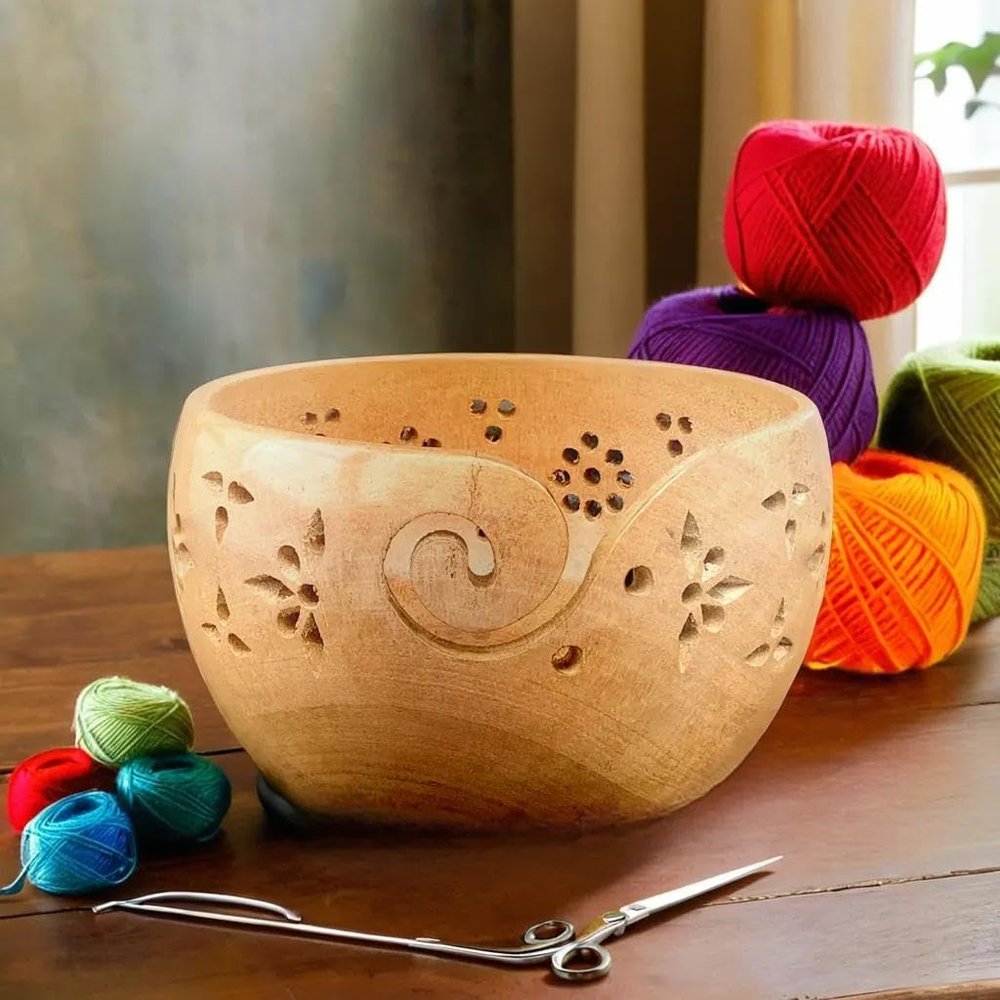 Prime Art wooden yarn bowl yarn bowl for crochet yarn bowl for knitting yarn bowl for crochet large yarn bowl (Mangowood)