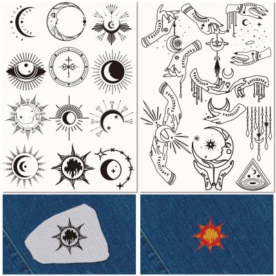 CRASPIRE 51Pcs Moon Phase Water Soluble Embroidery Stabilizers Evil Eye Sun Star Hand Sewing Stick and Stitch A4 Transfers Fabric Wash Away Pre-Printed Self Adhesive for Cloth Sewing Lovers