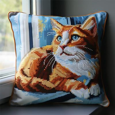 Walluminati 11CT Stamped Cross Stitch Pillow Kits, Animal Cat Embroidery Pillow Cases Stamped Embroidery Kit Cross Stitch Pillow Cases Handmade Cushion Cover for Home Decor 18x18inch