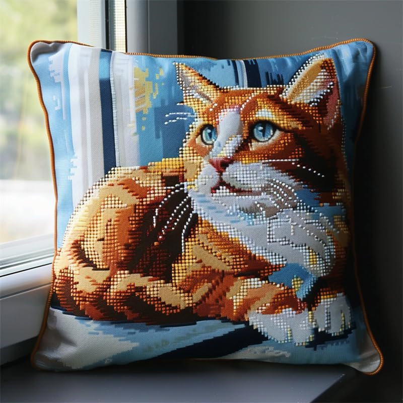 Walluminati 11CT Stamped Cross Stitch Pillow Kits, Animal Cat Embroidery Pillow Cases Stamped Embroidery Kit Cross Stitch Pillow Cases Handmade Cushion Cover for Home Decor 18x18inch