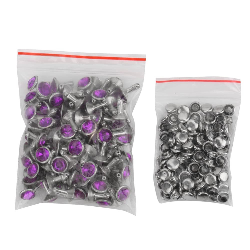 100Pcs Rhinestone Rivet, B Acrylic Rivet 8MM DIY Decorative Stud, Synthetic Crystal Rhinestone for Luggage Decoration (8mm Silver Edge Purple)