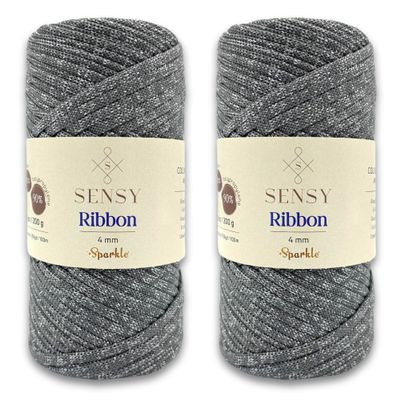 2 Skeins of Sensy Premium 4mm - 109 Yards 90% Polypropylene 10% Polyester Macrame Ribbon Sparkle, Crochet Bag Cord, Thread for Knitter (Gray Sparkle)