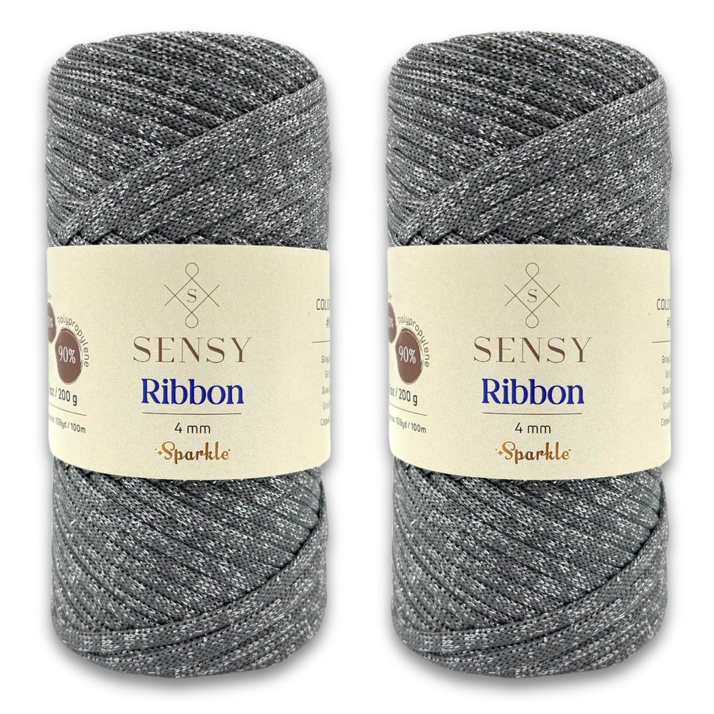 2 Skeins of Sensy Premium 4mm - 109 Yards 90% Polypropylene 10% Polyester Macrame Ribbon Sparkle, Crochet Bag Cord, Thread for Knitter (Gray Sparkle)