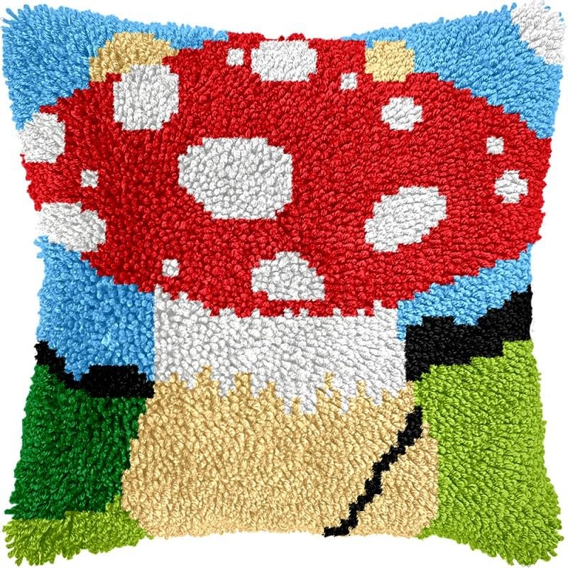 Cartoon Mushroom Latch Hook Pillow Kits Pillow Cover with Pattern Printed Canvas Sofa Hooking Pillowcase Cushion Crafts Embroidery Latch Hooking Crochet Starter Kits 17x17 inch(1)