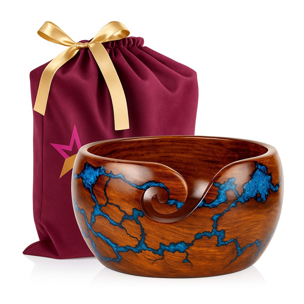 Wooden Yarn Bowl for Crocheting, 7x4 inch Large Rosewood Crochet Holder Gift Accessories and Knitting Gadgets Supplies Handcrafted with Fractal Wood Burning & Blue Resin Inlay ( Blue 7x4 )