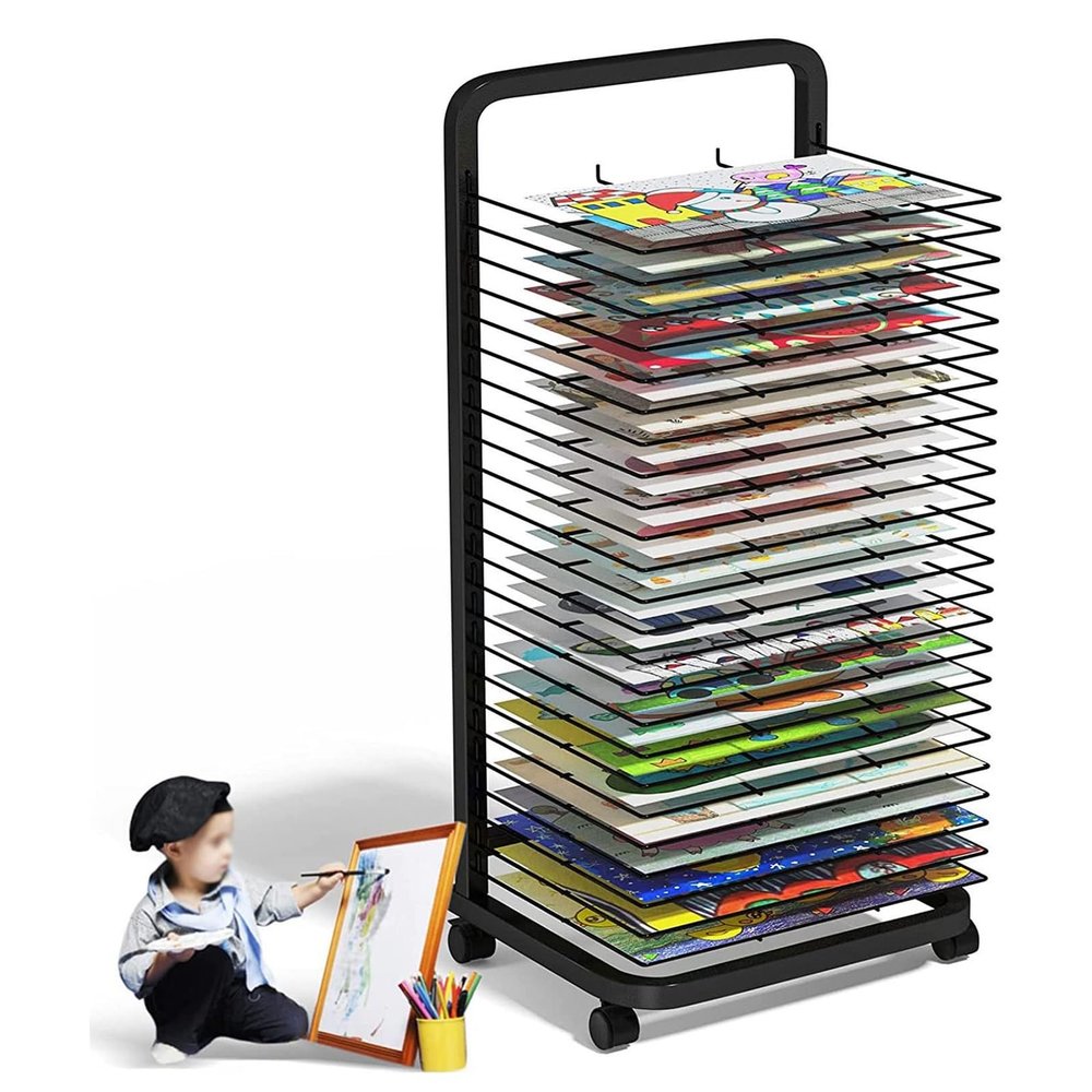 ZDMEI Children's Art Drying Rack,School Studio Canvas Easel,Paper Work Drying and Display,Office Storage Rack,Save Space,Made of Iron,Black