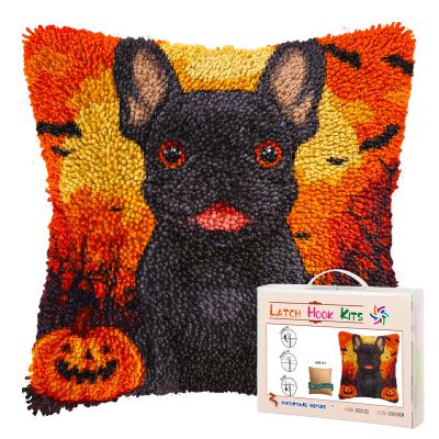 Latch Hook Pillow Kits for Adults Happy Halloween French Bulldog DIY Pillow Cover Printed Pillowcase Crochet Yarns Hooking Handmade Cushion for Home Sofa Decor 17x17inch(1)