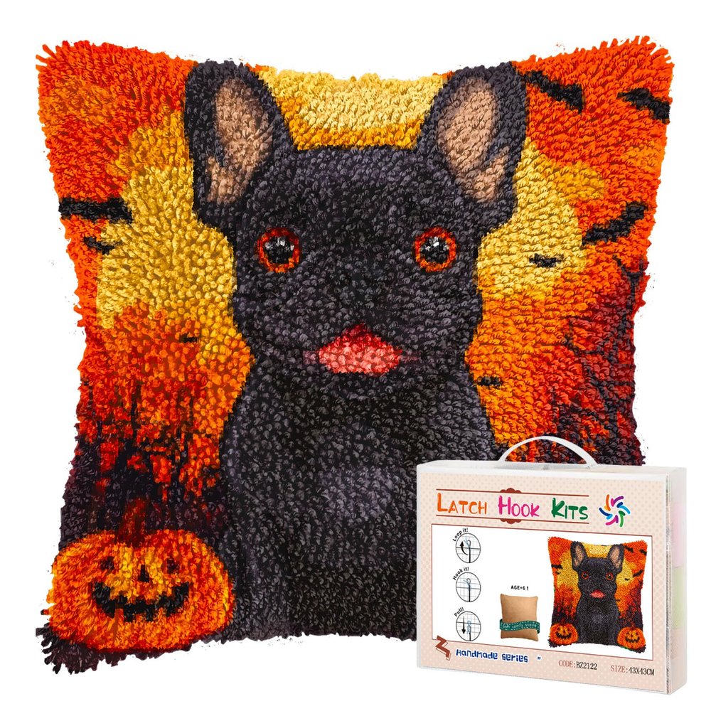 Latch Hook Pillow Kits for Adults Happy Halloween French Bulldog DIY Pillow Cover Printed Pillowcase Crochet Yarns Hooking Handmade Cushion for Home Sofa Decor 17x17inch(1)