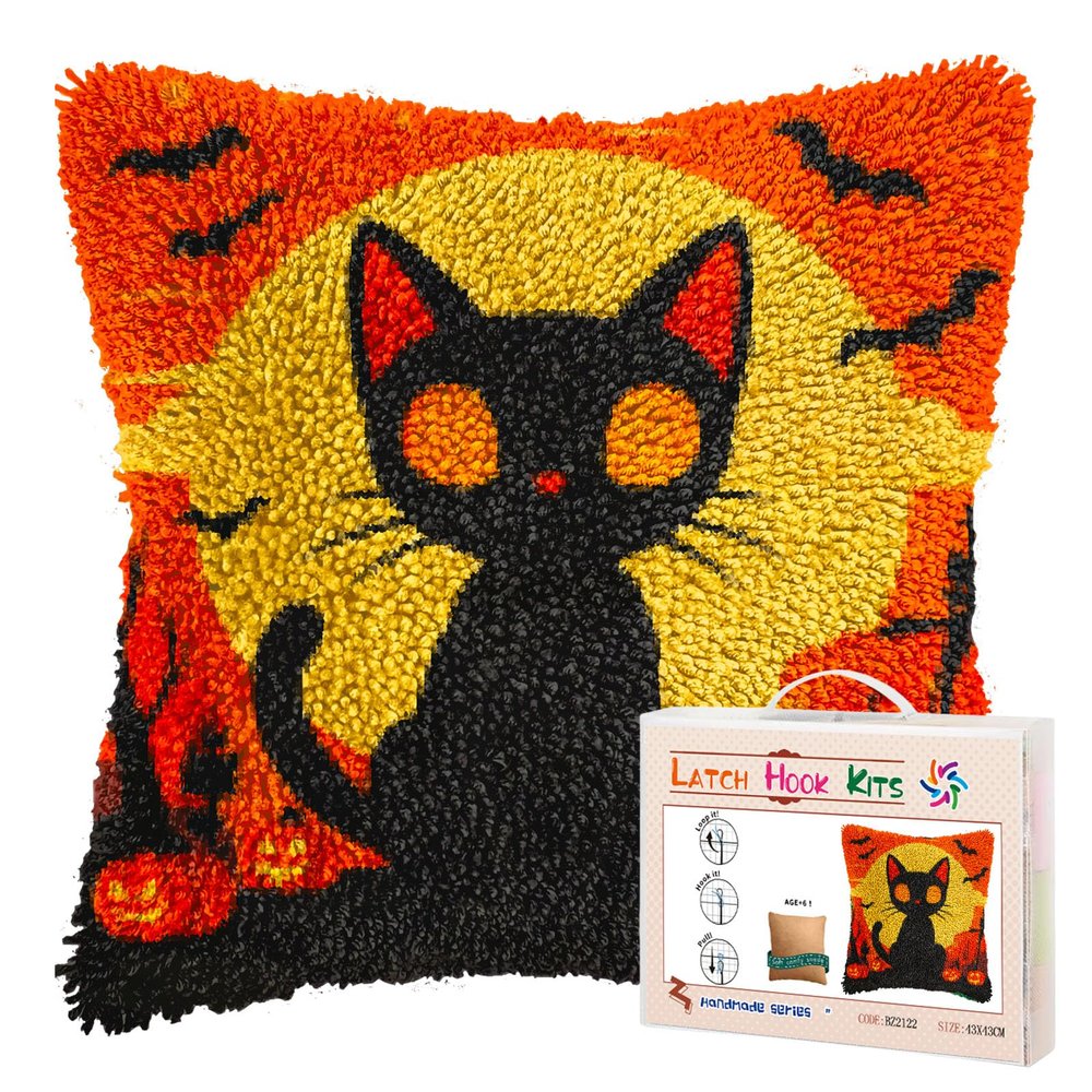 Latch Hook Pillow Kits for Adults Happy Halloween Black Cat DIY Pillow Cover Printed Pillowcase Crochet Yarns Hooking Handmade Cushion for Home Sofa Decor 17x17inch(1)