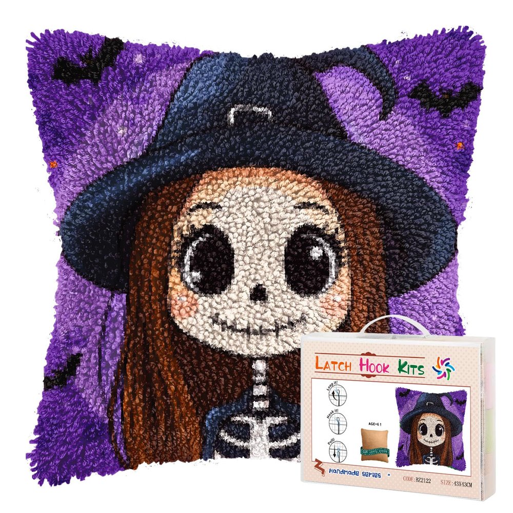 Latch Hook Pillow Kits for Adults Cartoon Cute Skull Girl DIY Pillow Cover Printed Pillowcase Crochet Yarns Hooking Handmade Cushion for Home Sofa Decor 17x17inch(1)