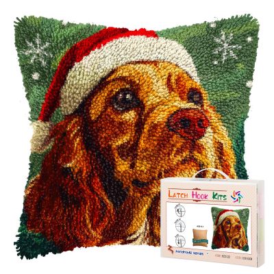 Latch Hook Pillow Kits for Adults Merry Christmas Cocker Spaniel Dog DIY Pillow Cover Printed Pillowcase Crochet Yarns Hooking Handmade Cushion for Home Sofa Decoration 17x17inch(11)