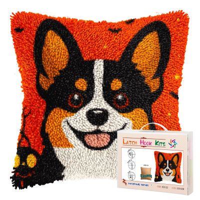 Latch Hook Pillow Kits for Adults Happy Halloween Corgi Dog DIY Pillow Cover Printed Pillowcase Crochet Yarns Hooking Handmade Cushion for Home Sofa Decor 17x17inch(2)
