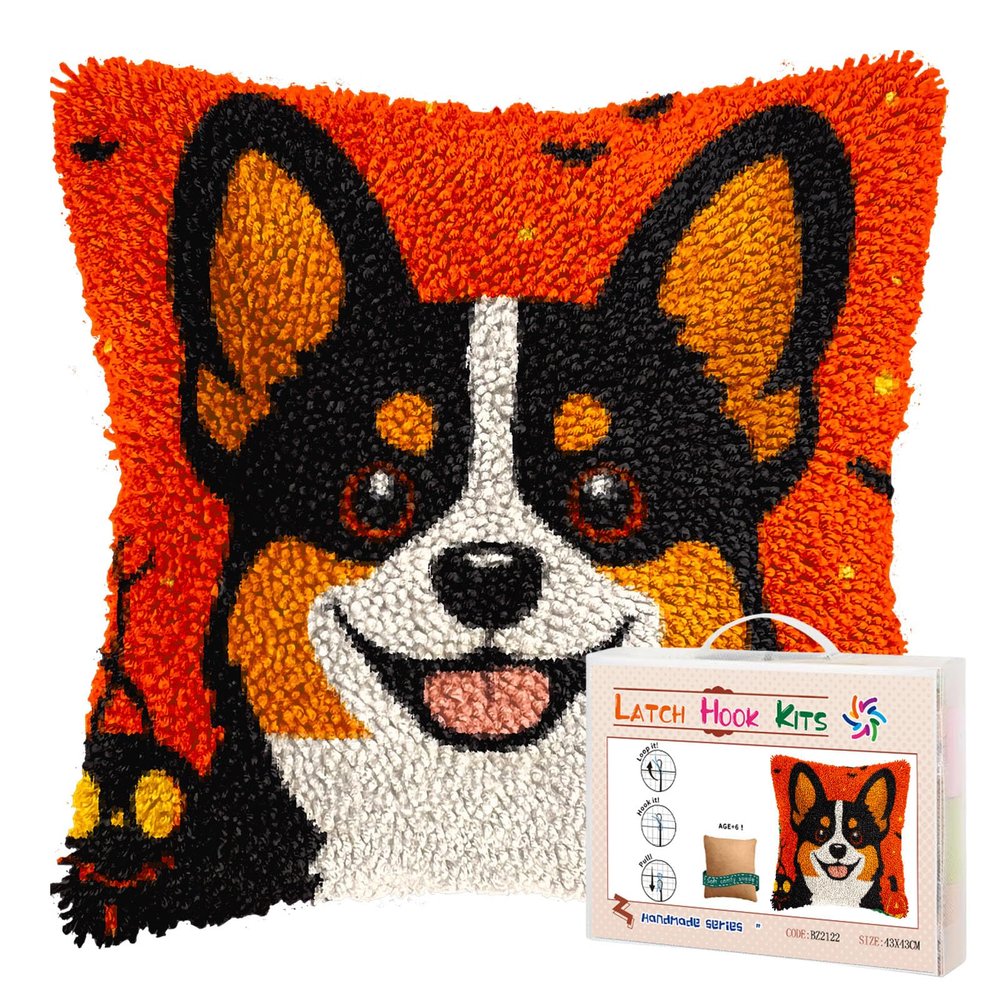 Latch Hook Pillow Kits for Adults Happy Halloween Corgi Dog DIY Pillow Cover Printed Pillowcase Crochet Yarns Hooking Handmade Cushion for Home Sofa Decor 17x17inch(2)