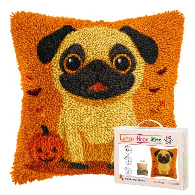 Latch Hook Pillow Kits for Adults Happy Halloween Pug Dog and Pumpkin DIY Pillow Cover Printed Pillowcase Crochet Yarns Hooking Handmade Cushion for Home Sofa Decoration 17x17inch(2)