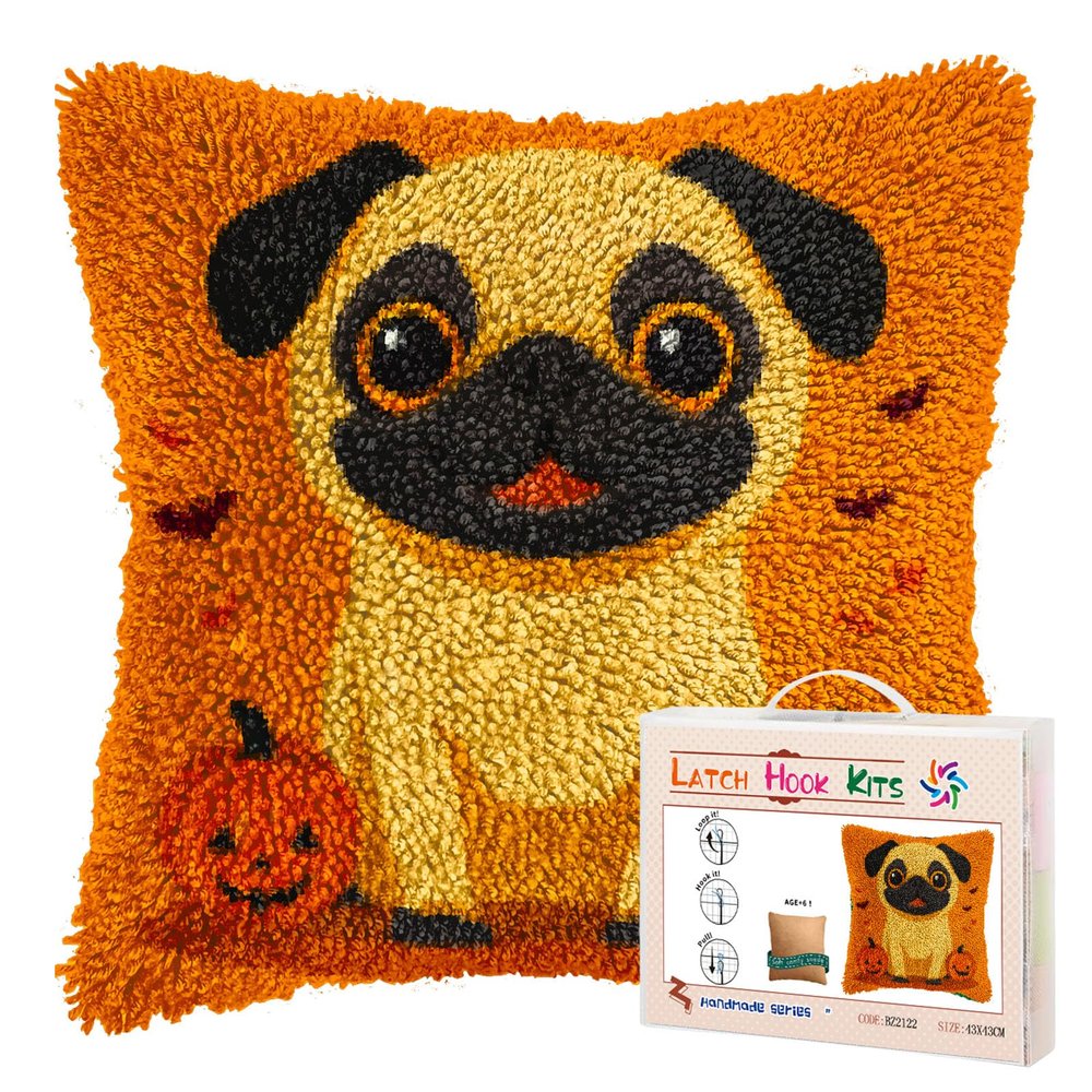 Latch Hook Pillow Kits for Adults Happy Halloween Pug Dog and Pumpkin DIY Pillow Cover Printed Pillowcase Crochet Yarns Hooking Handmade Cushion for Home Sofa Decoration 17x17inch(2)