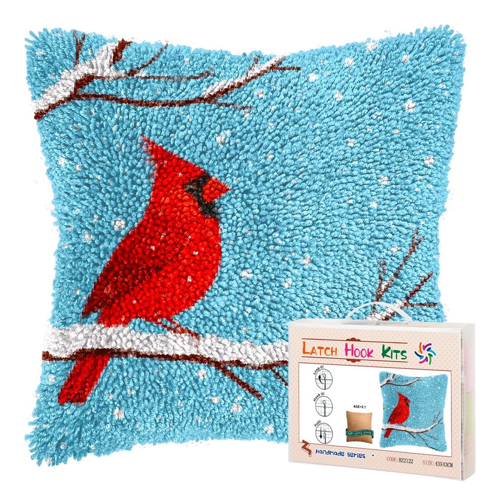 Latch Hook Pillow Kits for Adults Red Cardinal on Snow Tree Branch DIY Pillow Cover Printed Pillowcase Crochet Yarns Hooking Handmade Cushion for Home Sofa Decor 17x17inch(2)