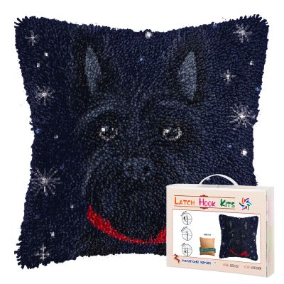 DIY Latch Hook Pillow Kits for Adults Merry Christmas Scottish Terrier Dog Pillow Cover Printed Pillowcase Crochet Yarns Hooking Handmade Cushion for Home Sofa Decoration 17x17inch(1)