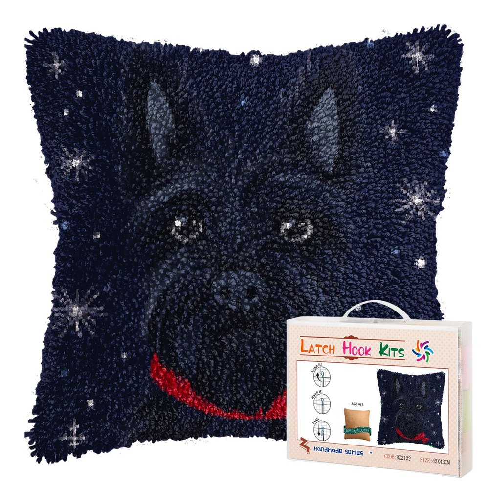 DIY Latch Hook Pillow Kits for Adults Merry Christmas Scottish Terrier Dog Pillow Cover Printed Pillowcase Crochet Yarns Hooking Handmade Cushion for Home Sofa Decoration 17x17inch(1)