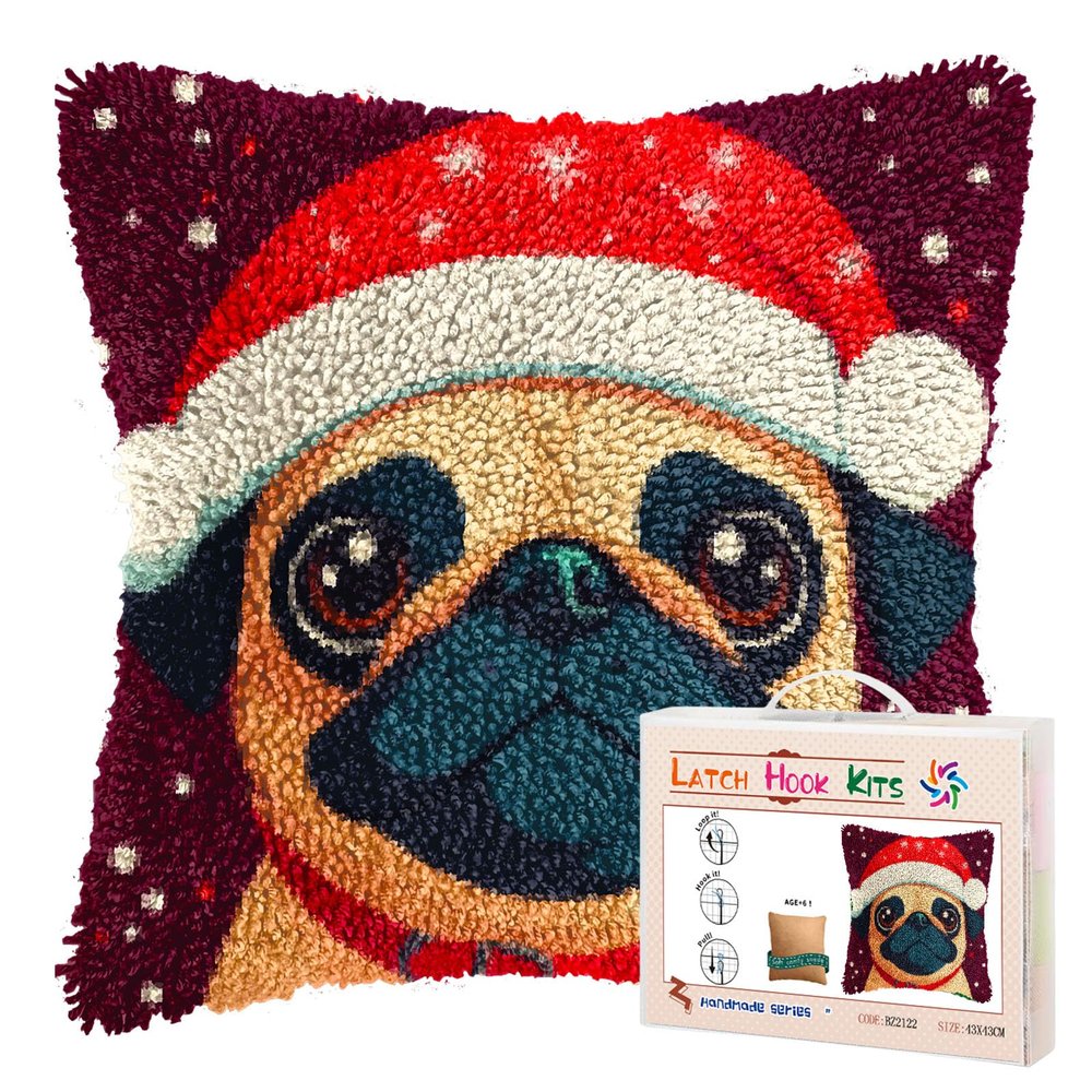 DIY Latch Hook Pillow Kits for Adults Merry Christmas Pug Dog Pillow Cover Printed Pillowcase Crochet Yarns Hooking Handmade Cushion for Home Sofa Decoration 17x17inch(3)