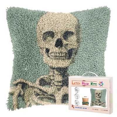 Latch Hook Pillow Kits for Adults Halloween Skeleton DIY Pillow Cover Printed Pillowcase Crochet Hooking Yarns Handmade Cushion for Home Sofa Decoration 17x17inch(2)
