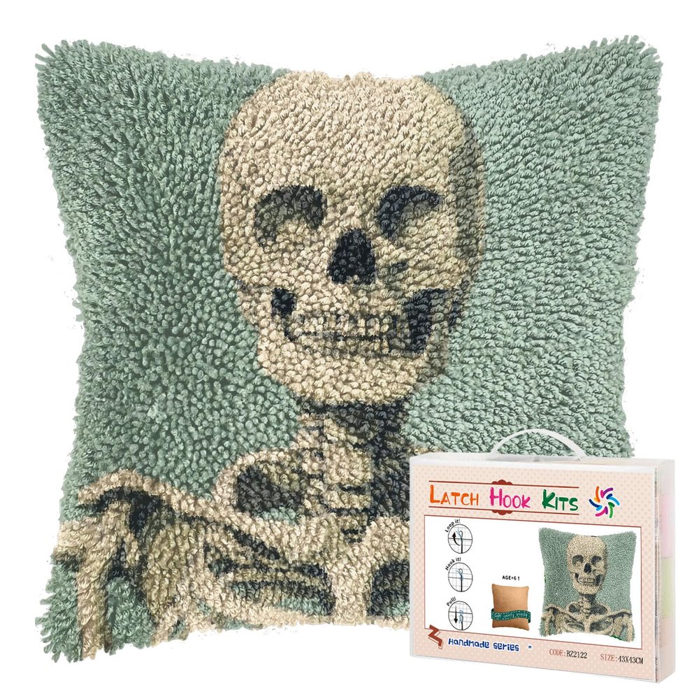 Latch Hook Pillow Kits for Adults Halloween Skeleton DIY Pillow Cover Printed Pillowcase Crochet Hooking Yarns Handmade Cushion for Home Sofa Decoration 17x17inch(2)