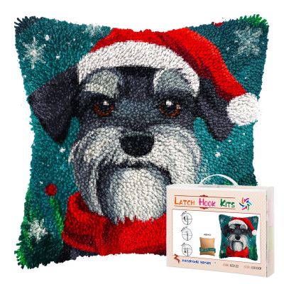 DIY Latch Hook Pillow Kits for Adults Merry Christmas Schnauzer Dog Pillow Cover Printed Pillowcase Crochet Yarns Hooking Handmade Cushion for Home Sofa Decoration 17x17inch(4)