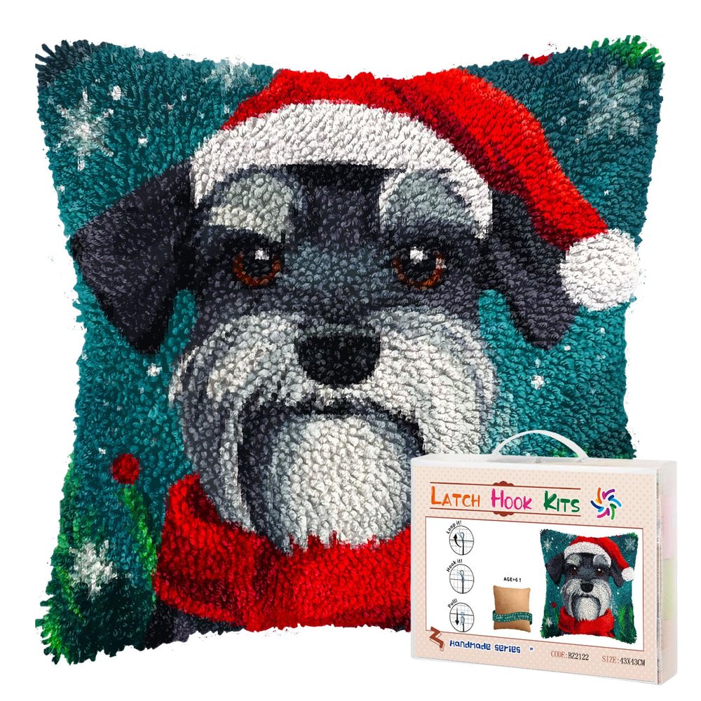 DIY Latch Hook Pillow Kits for Adults Merry Christmas Schnauzer Dog Pillow Cover Printed Pillowcase Crochet Yarns Hooking Handmade Cushion for Home Sofa Decoration 17x17inch(4)