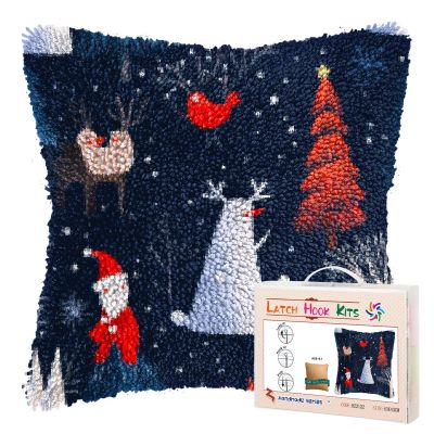 DIY Latch Hook Pillow Kits for Adults Merry Christmas Winter Forest Pillow Cover Printed Pillowcase Crochet Yarns Hooking Handmade Cushion for Home Sofa Decoration 17x17inch(1)