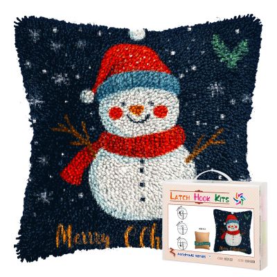 DIY Latch Hook Pillow Kits for Adults Merry Christmas Winter Snowman Pillow Cover Printed Pillowcase Crochet Yarns Hooking Handmade Cushion for Home Sofa Decoration 17x17inch(19)