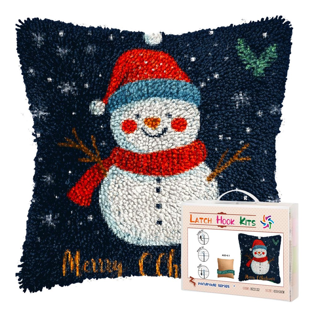 DIY Latch Hook Pillow Kits for Adults Merry Christmas Winter Snowman Pillow Cover Printed Pillowcase Crochet Yarns Hooking Handmade Cushion for Home Sofa Decoration 17x17inch(19)