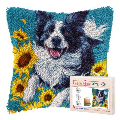 DIY Latch Hook Pillow Kits for Adults Running Border Collie Dog in Sunflowers Printed Pillowcase Crochet Yarns Hooking Handmade Pillow Cover Cushion for Home Sofa Decoration 17x17inch(1)