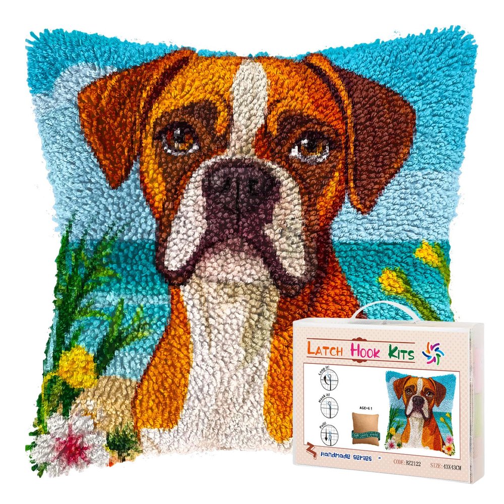 DIY Latch Hook Pillow Kits for Adults Cartoon Boxer Dog with Flower GRAP Printed Pillowcase Crochet Yarns Hooking Handmade Pillow Cover Cushion for Home Sofa Decoration 17x17inch(3)