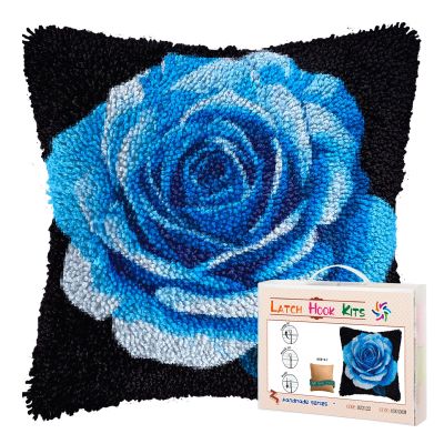 DIY Latch Hook Pillow Kits for Adults Rose with Black Background Printed Pillowcase Crochet Yarns Hooking Handmade Pillow Cover Cushion for Home Sofa Decoration 17x17inch(1)