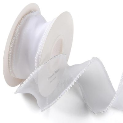 CABODYALS 5 Yards 1 1/2 Inch White Faux Pearl Edge Ribbon Organza Mesh Smooth Ribbon Fishtail Sheer Transparent Ribbons Rolls with Spool for Sewing Making Crafts Corsage Wedding Invition Christmas