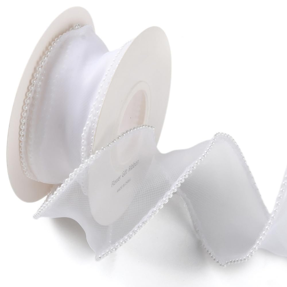 CABODYALS 5 Yards 1 1/2 Inch White Faux Pearl Edge Ribbon Organza Mesh Smooth Ribbon Fishtail Sheer Transparent Ribbons Rolls with Spool for Sewing Making Crafts Corsage Wedding Invition Christmas