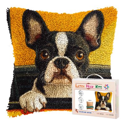 DIY Latch Hook Pillow Kits for Adults Cute Boston Terrier Dog in Car Printed Pillowcase Crochet Yarns Hooking Handmade Pillow Cover Cushion for Home Sofa Decoration 17x17inch(1)