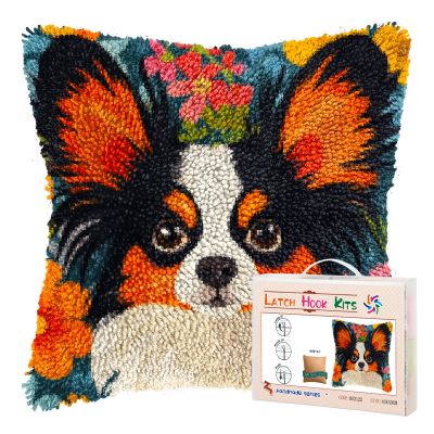 DIY Latch Hook Pillow Kits for Adults Cute Papillon Dog in Flowers Printed Pillowcase Crochet Yarns Hooking Handmade Pillow Cover Cushion for Home Sofa Decor 17x17inch(1)