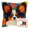 DIY Latch Hook Pillow Kits for Adults Cute Papillon Dog in Flowers Printed Pillowcase Crochet Yarns Hooking Handmade Pillow Cover Cushion for Home Sofa Decor 17x17inch(1) view 1