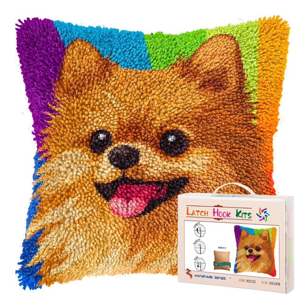 DIY Latch Hook Pillow Kits for Adults Cartoon Cute Pomeranian Dog Printed Pillowcase Crochet Yarns Hooking Handmade Pillow Cover Cushion for Home Sofa Decor 17x17inch(1)