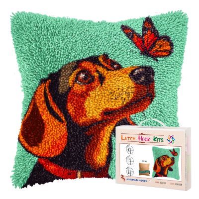 DIY Latch Hook Pillow Kits for Adults Cartoon Cute Dachshund Dog and Butterfly Printed Pillowcase Crochet Yarns Hooking Handmade Pillow Cover Cushion for Home Sofa Decor 17x17inch(1)