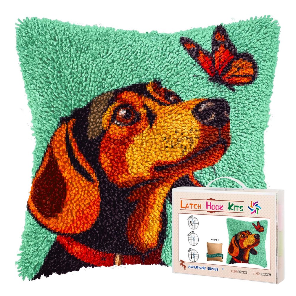 DIY Latch Hook Pillow Kits for Adults Cartoon Cute Dachshund Dog and Butterfly Printed Pillowcase Crochet Yarns Hooking Handmade Pillow Cover Cushion for Home Sofa Decor 17x17inch(1)