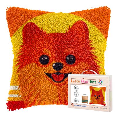 DIY Latch Hook Pillow Kits for Adults Cartoon Cute Pomeranian Dog Printed Pillowcase Crochet Yarns Hooking Handmade Pillow Cover Cushion for Home Sofa Decor 17x17inch(17)